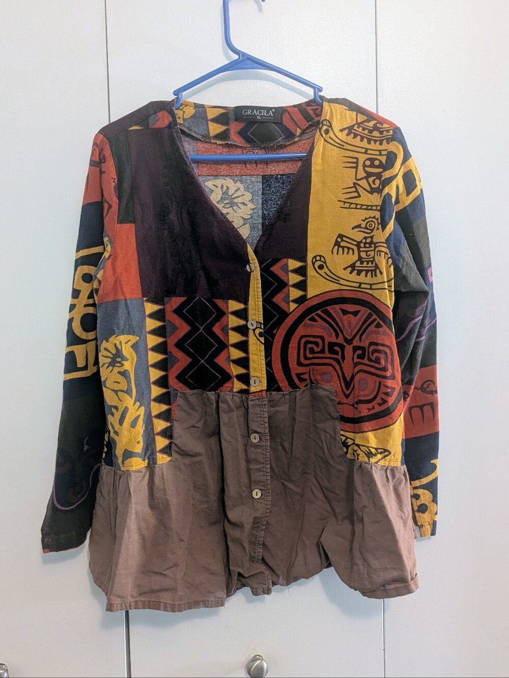 Gracila Multicolor Patchwork Print Button Down Top Colorblock Cotton